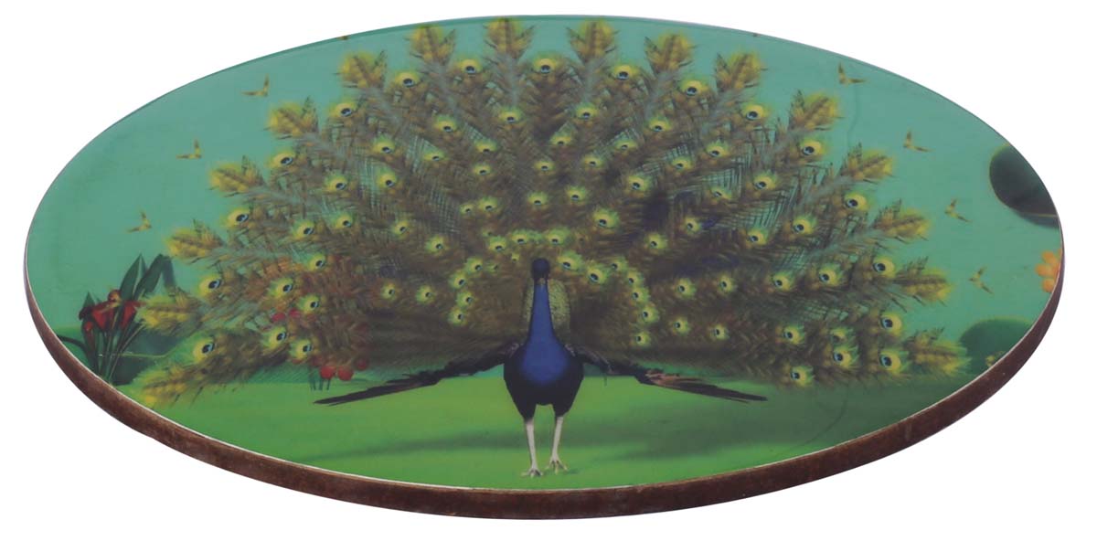 8” Hand-Crafted Trivet in MDF - Hand-Enameled with Peacock Art in Green & Blue - Kitchen Essentials / Serve Ware from India - Buy in Bulk Wholesale